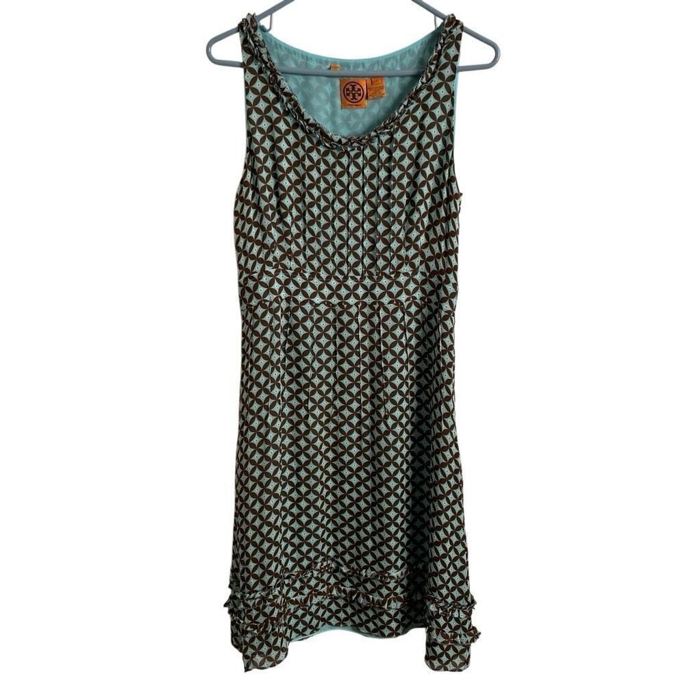 Tory Burch Womens Geometric Print Silk Dress 8 Robin Egg Blue Brown Sleeveless